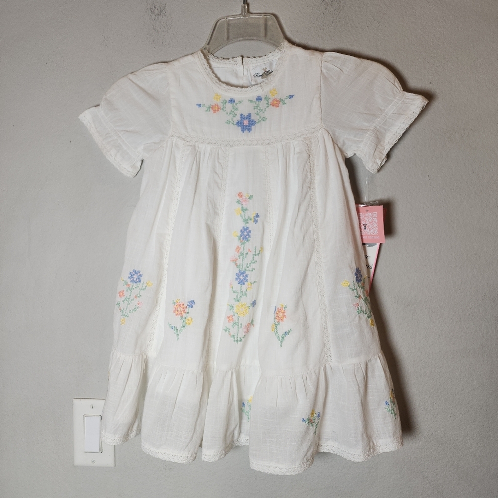 NWT Rare Editions Cross Stitch Embroidered 100% Cotton White Dress Kids Size 6